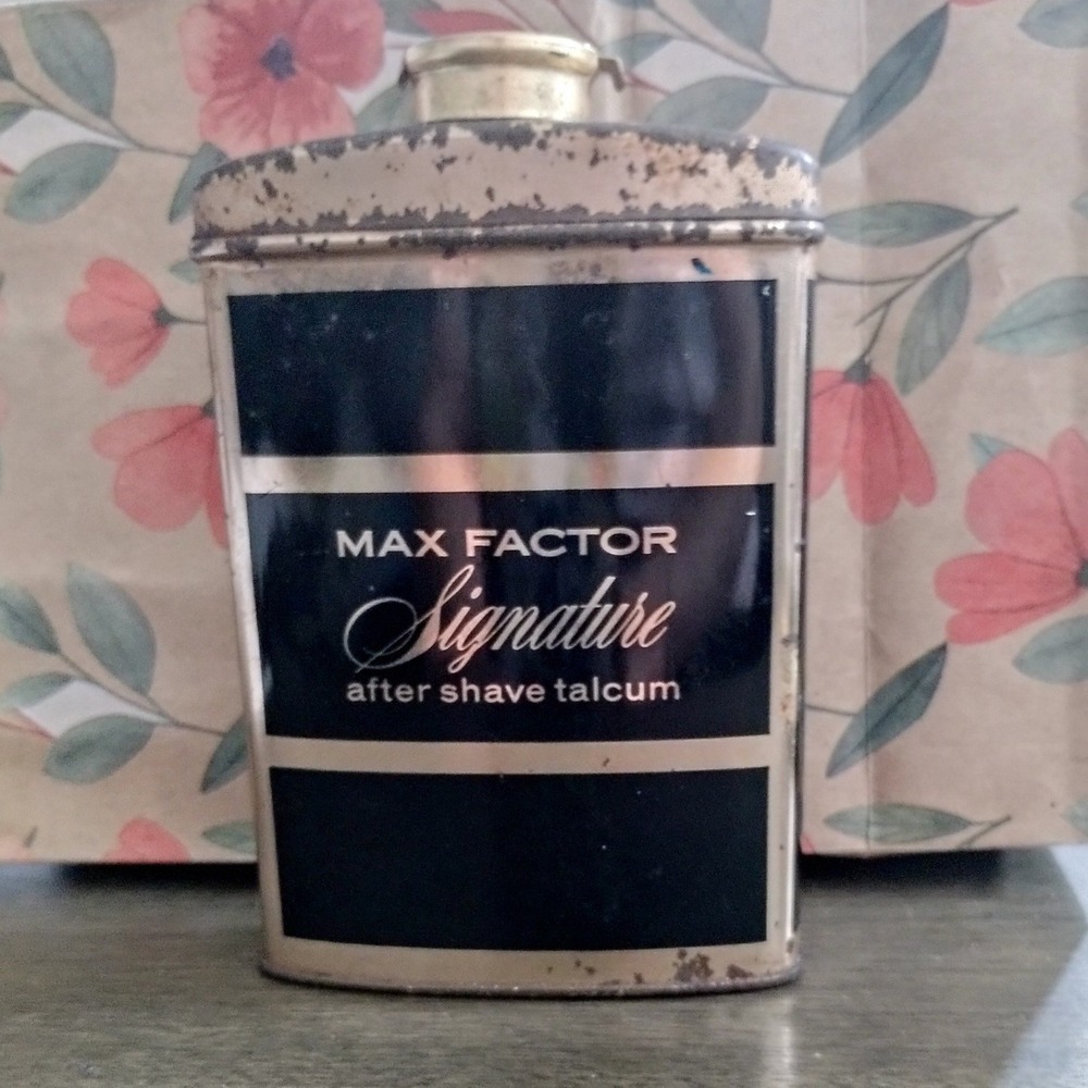 Vintage Max Factor Signature After Shave Talcum Tin 3 oz Shaker Top Collectible
